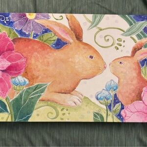 Original Colorful Rabbit, mom and baby / Floral Canvas Art